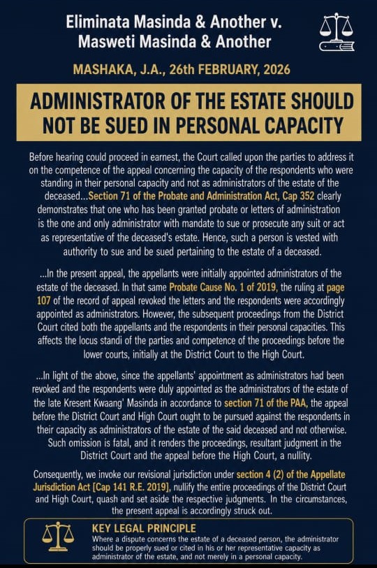 Court of Appeal of Tanzania decision that an administrator of an estate should be sued in a representative capacity, Eliminata Masinda & Another v. Masweti Masinda & Another, Mashaka J.A., 26 February 2026