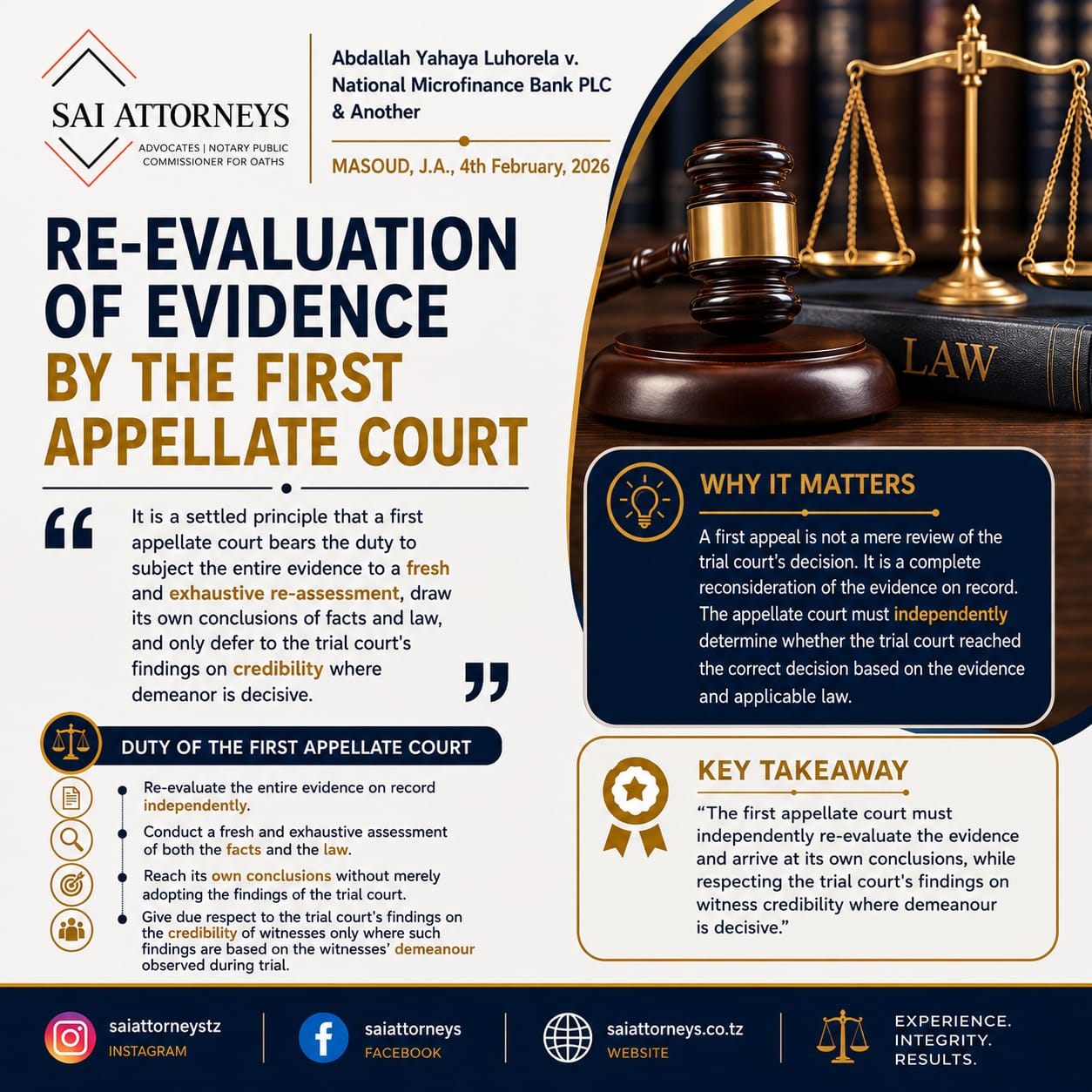 Legal Update: Re-evaluation of Evidence by the First Appellate Court &mdash; Abdallah Yahaya Luhorela v. National Microfinance Bank PLC & Another, Masoud J.A., 4 February 2026