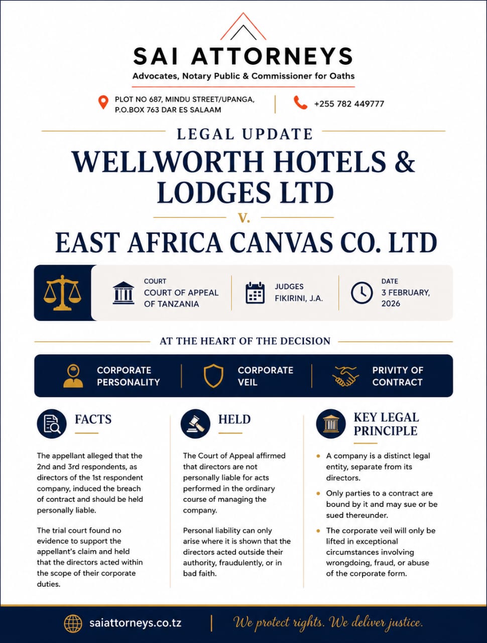 Legal Update summary: Wellworth Hotels & Lodges Ltd v. East Africa Canvas Co. Ltd, Court of Appeal of Tanzania, decided 3 February 2026