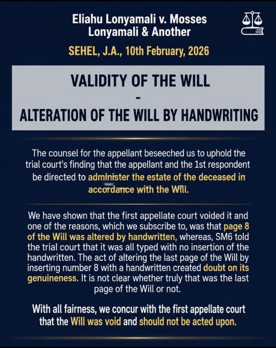 Court of Appeal of Tanzania decision on the validity of a Will altered by handwriting, Eliahu Lonyamali v. Mosses Lonyamali & Another, Sehel J.A., 10 February 2026